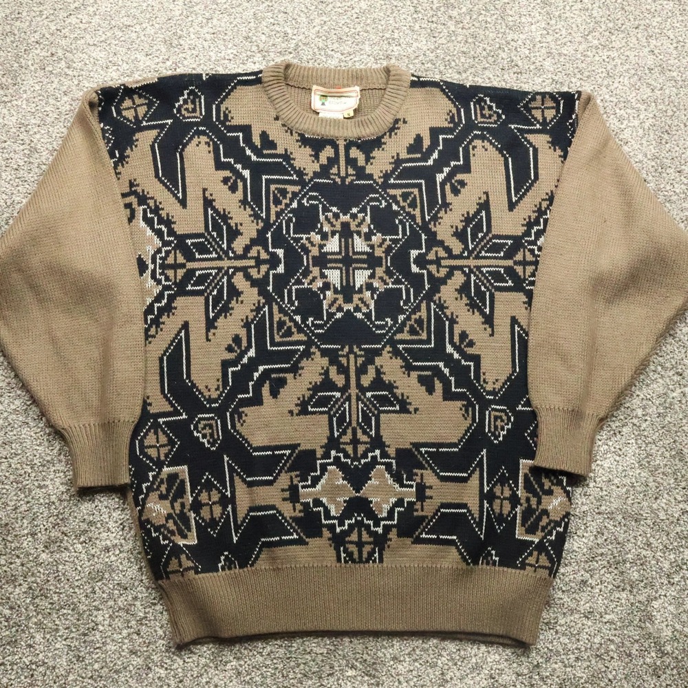 Organically Grown Acrylic Knit Sweater Small Tan Black Geometric Pattern Vintage